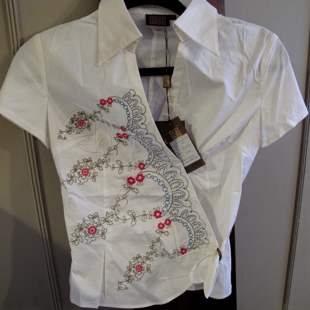 Embroidered Chinese Short Sleeve Shirt Ivory 9 Hong Kong Gold King Int'l NWT